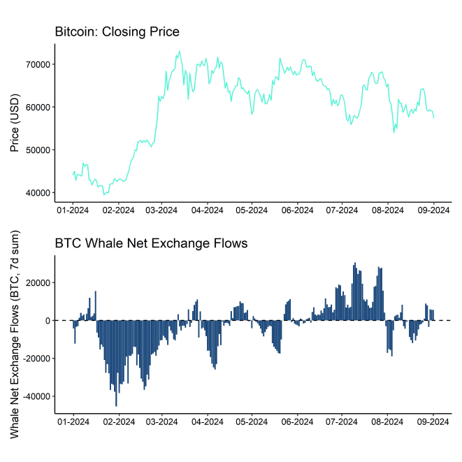 BTC Price vs Whale Net Exchange Flows BTC Price vs Whale Net Exchange Flows
