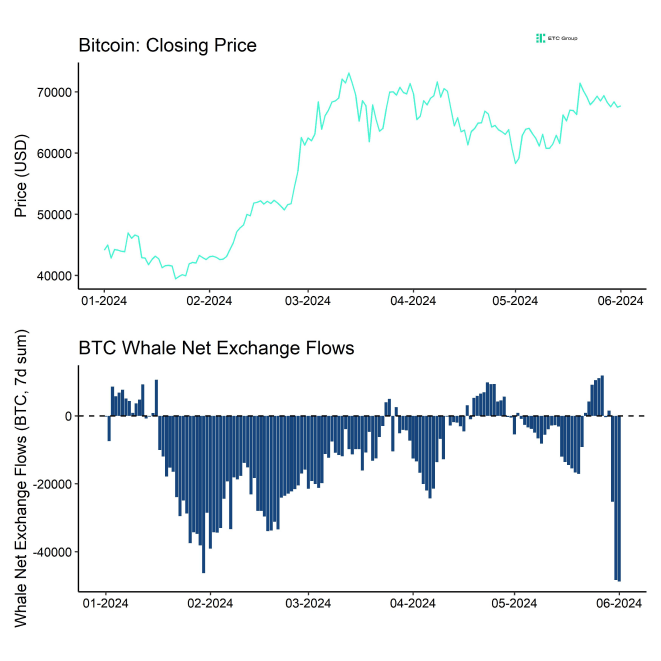 BTC Price vs Whale Net Exchange Flows BTC Price vs Whale Net Exchange Flows